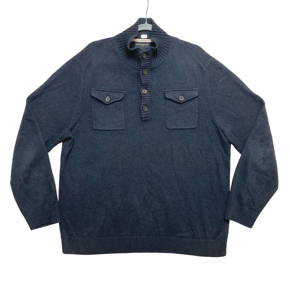 Banana Republic Sweater Mens XL Navy Blue 100% Cotton Mock Neck Button